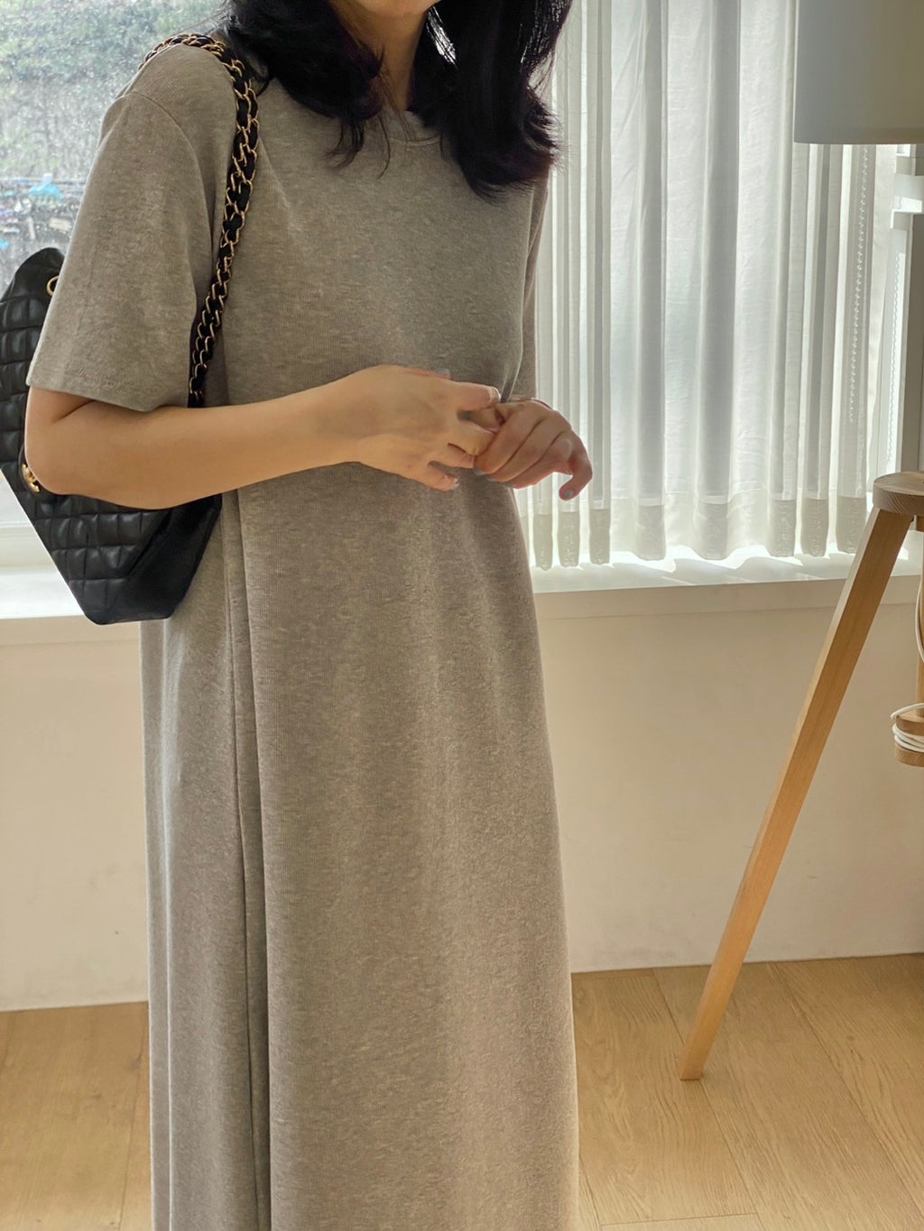 코튼 스판 반팔 롱 원피스