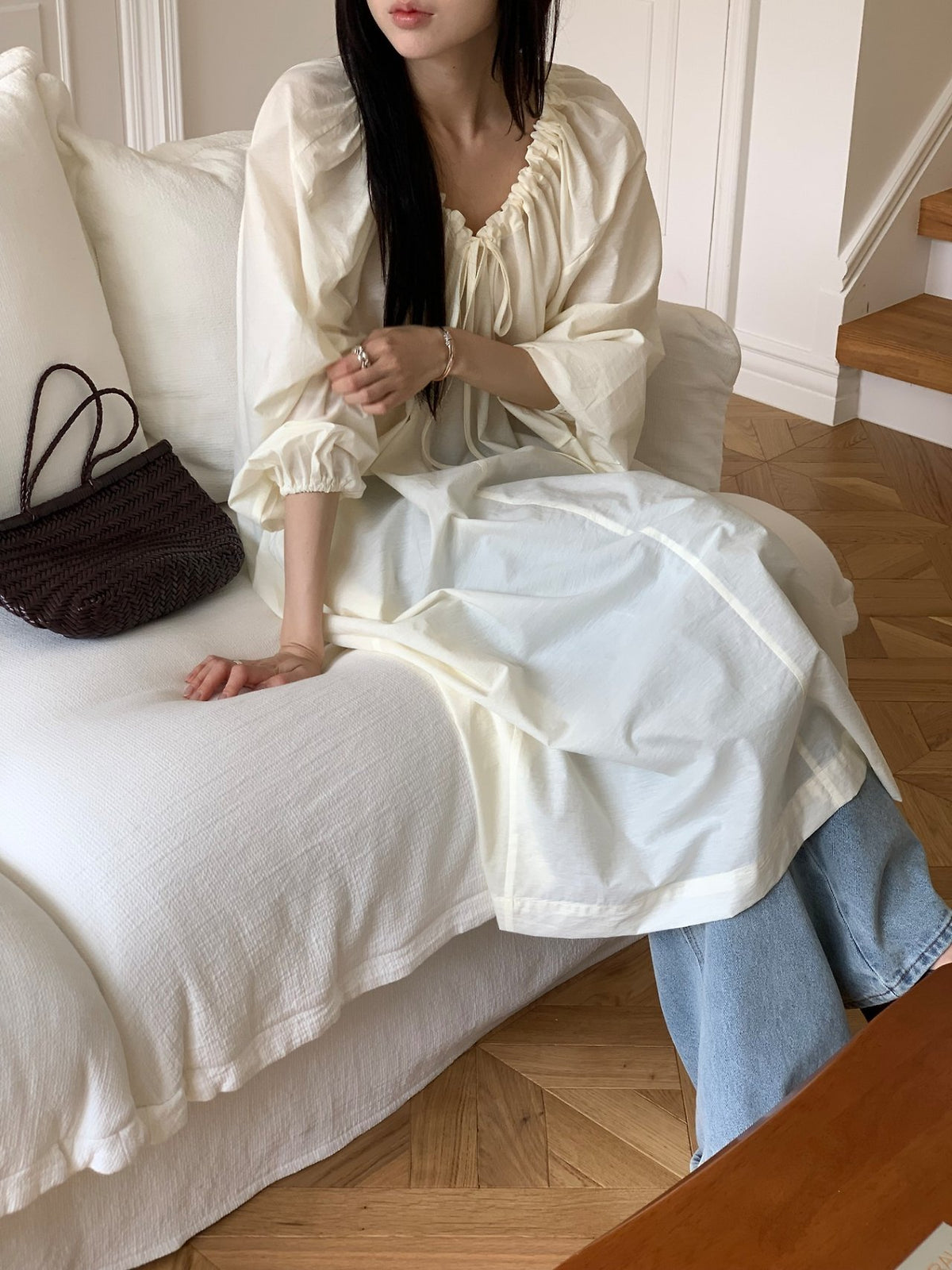 스트링 셔링 롱 원피스